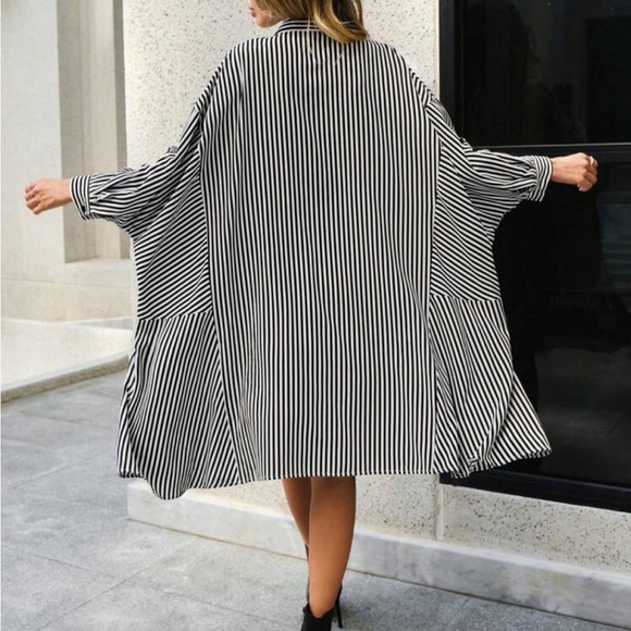 Oversized Loose Fit Striped Batwing Sleeve Asymmetrical Hem Button Shirt Dress - Picture 3 of 6